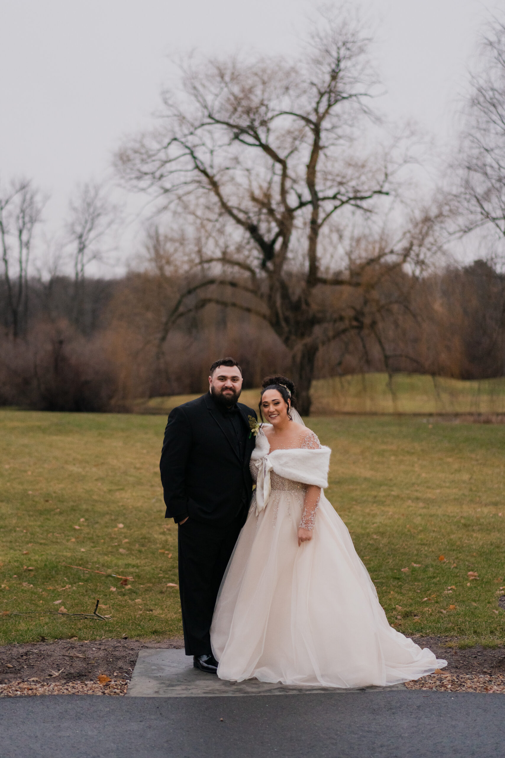 bride and groom outdoor portrait in Connecticut at barn venue